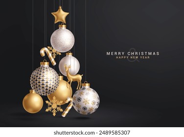 Merry christmas greeting vector design. Christmas glitter balls, gold star, snowflakes and candy cane hanging decoration elements in black elegant background. Vector illustration holiday season design