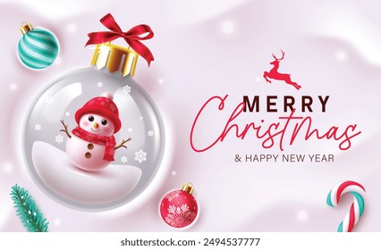 Feliz Navidad diseño de Vector de saludo. Navidades texto de saludo con lindo personaje de muñeco de nieve en elemento de bola de cristal en fondo de nieve. Ilustración vectorial diseño de tarjeta de año nuevo.
