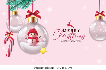 Merry christmas greeting vector design. Christmas greeting text with snowman character in hanging ball glass, crystal balls, candy cane and spruce leaves elements for xmas bauble decoration background