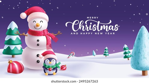 Merry christmas greeting vector design. Christmas and happy new year text in night winter snow background with snowman and penguin characters for greeting card. Vector illustration holiday season 