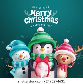 Merry christmas greeting vector design. Christmas characters like penguin, snowman and reindeer holding gift elements for seasonal snow background. Vector illustration greeting card design. 