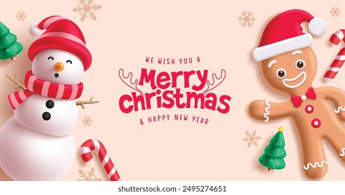 Merry christmas greeting vector design. Christmas snowman and ginger bread cookie characters with candy cane and pine tree decoration elements for greeting card. Vector illustration holiday season 