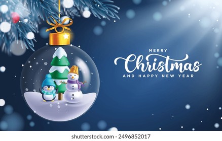 Feliz Navidad saludo diseño de Vector. Navidades y texto de felicitación de feliz año nuevo con personajes de pingüino y muñeco de nieve en bola de cristal colgante para fondo de tarjeta de temporada. Ilustración vectorial 