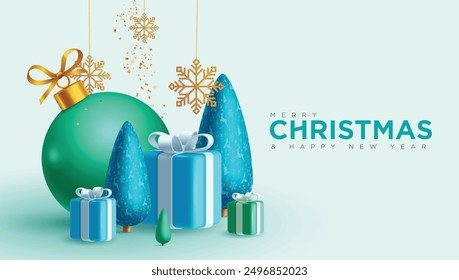 Merry christmas greeting vector design. Christmas greeting text with gift box, pattern pine tree and balls decoration elements in elegant minimal background. Vector illustration holiday season card 