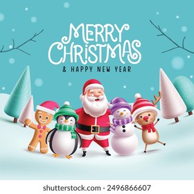 Merry christmas greeting vector design. Christmas greeting card with xmas characters like santa claus, penguin, snowman and reindeer in snow winter frost background. Vector illustration holiday season