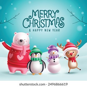 Merry christmas greeting vector design. Christmas characters like waving polar bear, smiling penguin, cute snowman and reindeer character in snow winter background. Vector illustration holiday 