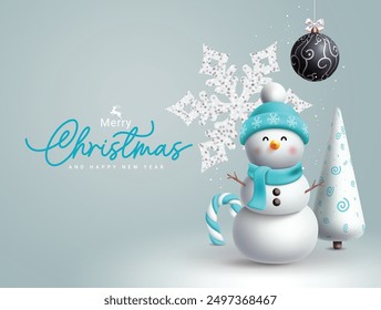 Merry christmas greeting vector design. Christmas snowman character wearing hat and scarf with glitter snowflakes, pine tree and hanging ball decoration elements in winter background. Vector 