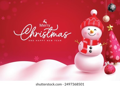 Feliz Navidad saludo diseño de Vector. Navidades y texto de felicitación de feliz año nuevo con lindo personaje de muñeco de nieve, pino y bolas de Navidad en fondo rojo de invierno de nieve. feriado de Ilustración vectorial 