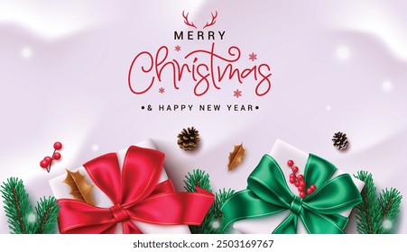 Feliz Navidad saludo diseño de Vector. Navidades y texto de felicitación de feliz año nuevo con guirnalda de abeto y Elementos de decoración de cajas de regalo en elegante fondo blanco. Ilustración vectorial Navidad estacional