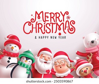 Merry christmas greeting vector design. Christmas characters greetings card with santa claus, mrs claus, penguin, snowman and reindeer xmas character for new year cards template. Vector illustration 