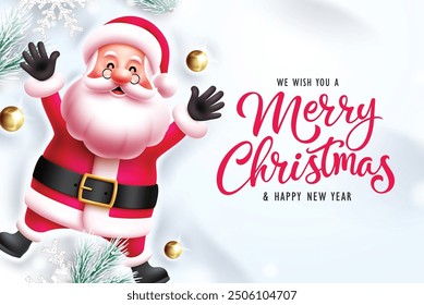 Merry christmas greeting vector design. Christmas and happy new year greeting text with waving, jolly santa claus character and ice fir leaves, glitter snowflakes, gold xmas balls elements in cold 