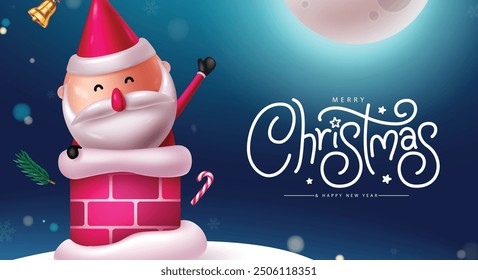 Merry christmas greeting vector design. Christmas funny santa claus character standing in chimney rooftop with xmas elements in snow new year eve background. Vector illustration winter holiday 