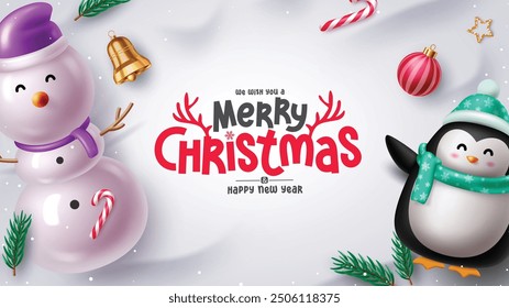 Merry christmas greeting vector design. Christmas greeting text with cute snowman, penguin character and xmas elements for seasonal snowy background. Vector illustration holiday season card design. 
