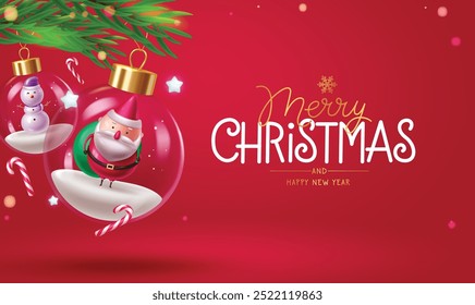 Feliz Natal saudação vetor design. Texto de saudação de Natal com Papai Noel e boneco de neve personagem em pendurar bolas de cristal de vidro, cana de doces e abeto deixa elementos para xmas bauble decoração 