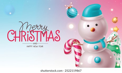 Merry christmas greeting vector design. Christmas greeting text with snowman character, pine tree and candy cane elements in colorful snow winter background. Vector illustration happy new year card 
