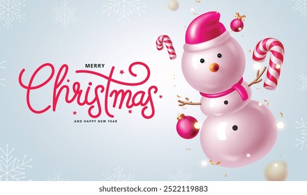 Merry christmas greeting vector design. Snowman character with pink xmas balls and candy cane elements for holiday season greeting text in winter snowflakes background. Vector illustration decorative 