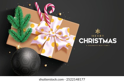 Feliz Natal saudação vetor design. Texto de saudação de Natal com caixa de presente marrom, bola de Natal, folhas de abeto e elementos de cana-de-doce em fundo preto elegante. Ilustração vetorial feriado de ano novo 