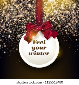 Merry Christmas  greeting vector illustration with golden stars, glitters, sparkles and red frame for text