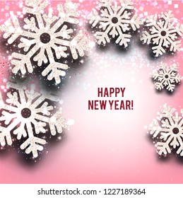 Merry Christmas  greeting vector illustration with pink glitters, sparkles and snowflakes