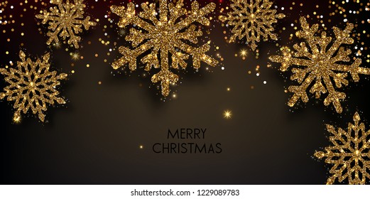 Merry Christmas  greeting vector illustration with golden  glitters, sparkles and snowflakes