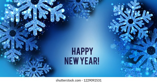 Merry Christmas  greeting vector illustration with blue glitters, sparkles and snowflakes