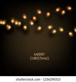 Merry Christmas  greeting vector illustration with golden bulbs and text