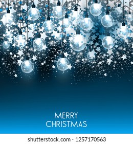 Merry Christmas  greeting vector illustration with colorful  bulbs and text