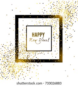 Merry Christmas  greeting vector illustration with golden stars, glitters, sparkles and glowing text