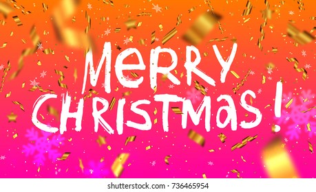 Merry Christmas greeting vector illustration with golden glitters, foil, confetti, sparkles and glowing snowflakes | Red background