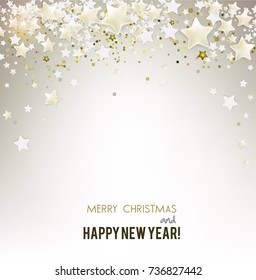 Merry Christmas  greeting vector illustration with golden stars, glitters, sparkles and glowing text