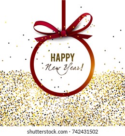 Merry Christmas  greeting vector illustration with golden stars, glitters, sparkles and red round frame for text