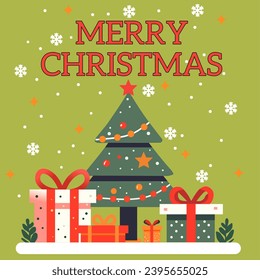 Fröhlicher Weihnachtsgruß, Vektorgrafik mit bunten Weihnachtsdekorationselementen, Weihnachtsbaum, Weihnachtsgeschenke und Schnee auf grünem Hintergrund. 