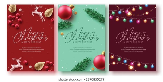 Merry christmas greeting vector poster set. Christmas greeting card for religious and christianity holiday season celebration. Vector illustration gift tags and greetings card  collection. 
