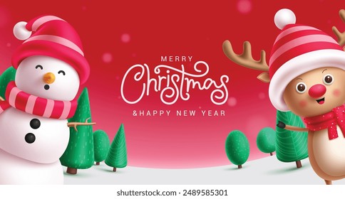 Merry christmas greeting vector template design. Christmas snowman and reindeer characters in winter snow red background with pine tree elements. Vector illustration holiday season design. 
