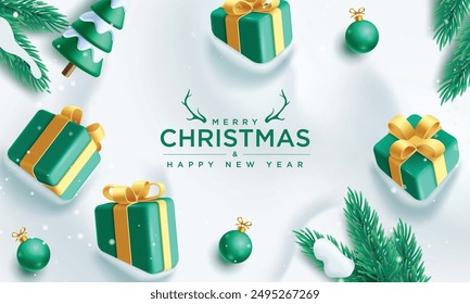 Feliz Navidad saludo diseño de Plantilla de Vector. Cajas de regalo de Navidad, bolas de abeto y navidad Elementos de decoración en el fondo de invierno de nieve. Diseño de tarjeta de felicitación de la temporada de vacaciones de Ilustración vectorial. 