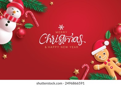 Merry christmas greeting vector template design. Christmas greeting text in red elegant background with snowman, ginger bread, xmas ball and candy cane decoration elements. Vector illustration holiday