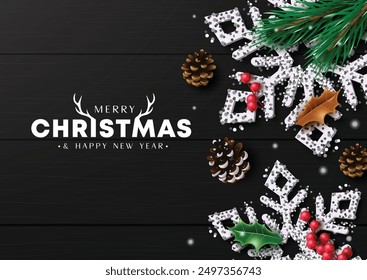 Feliz felicitación de Navidad diseño de Plantilla de Vector. Navidades y texto de felicitación de feliz año nuevo con brillantes copos de nieve, abetos y hojas Elementos de decoración en fondo negro de madera. Vector 