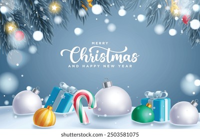 Feliz felicitación de Navidad diseño de Plantilla de Vector. Navidades y texto de felicitación de feliz año nuevo en fondo de invierno de nieve con decoración de Elementos de Navidad. Diseño de tarjeta de temporada de vacaciones de Ilustración vectorial.  
