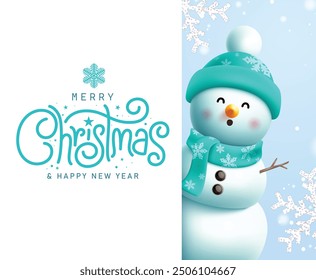 Merry christmas greeting vector template design. Christmas greeting text card for winter season with cute snowman character in cold glitter snowflakes background. Vector illustration present card 