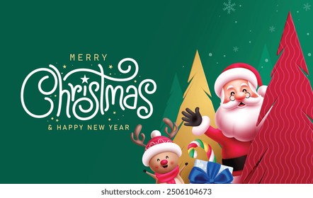  Merry christmas greeting vector template design. Christmas greeting text green background with friendly santa claus and cute reindeer characters in paper cuts pine trees, gift box, candy cane element