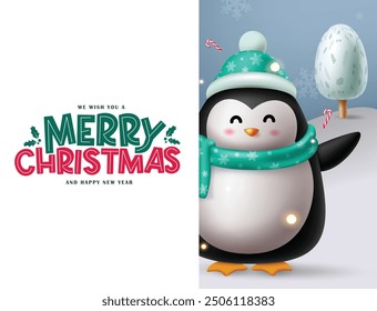 Merry christmas greeting vector template design. Christmas cute penguin character with greeting text in empty space white board for holiday season present. Vector illustration invitation card design.
