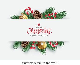 Feliz Natal vetor vetor modelo design. Texto de saudação de Natal em espaço de quadro branco para tipografia com folhas de abeto e elementos de cana-de-doce em fundo branco. Feriado de ilustração vetorial