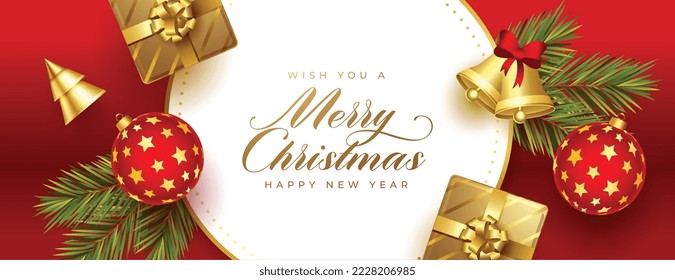 merry christmas greeting wallpaper with realistic xmas elements vector 