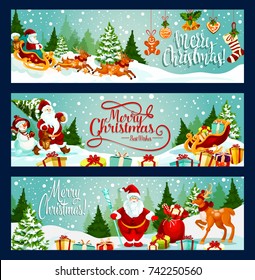 Merry Christmas greeting and wishes banners for winter holiday season design. Vector Santa with gifts bag, reindeer and sleigh at Christmas tree, New Year decoration holly wreath, sock and golden bell