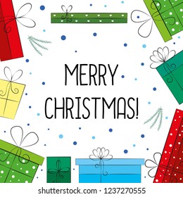 Merry Christmas greeting, wishing a happy New Year vector illustration. Christmas colourful gifts.