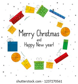 Merry Christmas greeting, wishing a happy New Year vector illustration. Christmas colourful gifts.