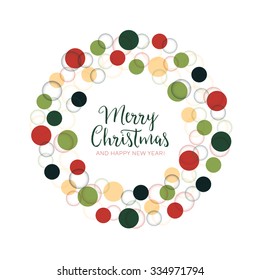 Merry Christmas greeting in a wreath composed of bokeh and baubles. Holiday decoration with greeting card text on white background. Festive vector illustration. 