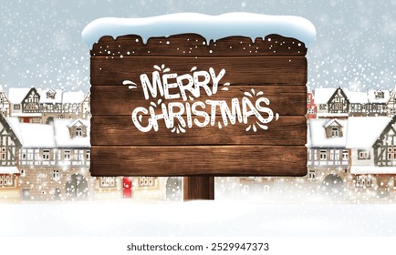 Merry Christmas greetings against the backdrop of a snowy city. Highly realistic illustration.