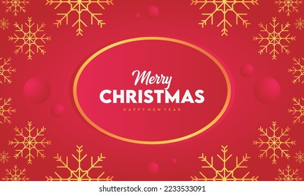
Merry Christmas greetings banner on a red background and gold snowflakes