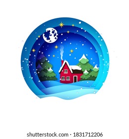 Merry Christmas Greetings Card with beautiful landscape and Green Christmas tree. Winter holidays. Happy New Year. Stars and moon. Red country home. Circle bauble frame in paper cut style.